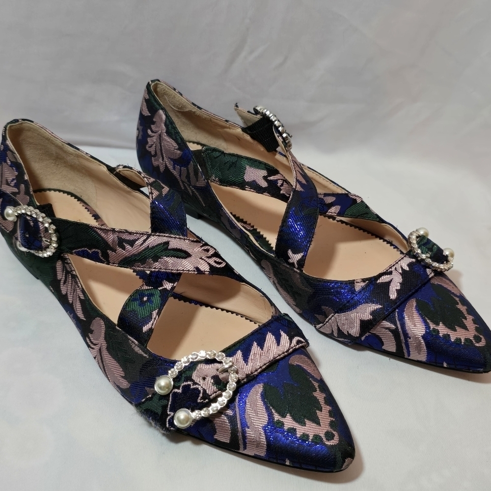 J. Crew Metallic Crystal Pointed Toe Mary Jane Flats Double Strap Leather, sz 9
